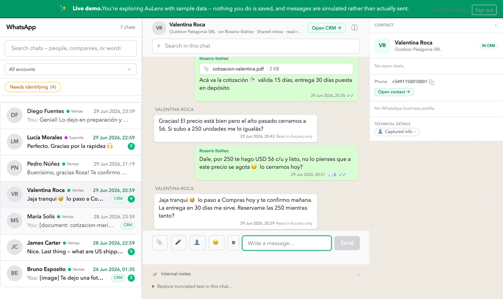 AuLens live demo — WhatsApp inbox linked to Zoho CRM